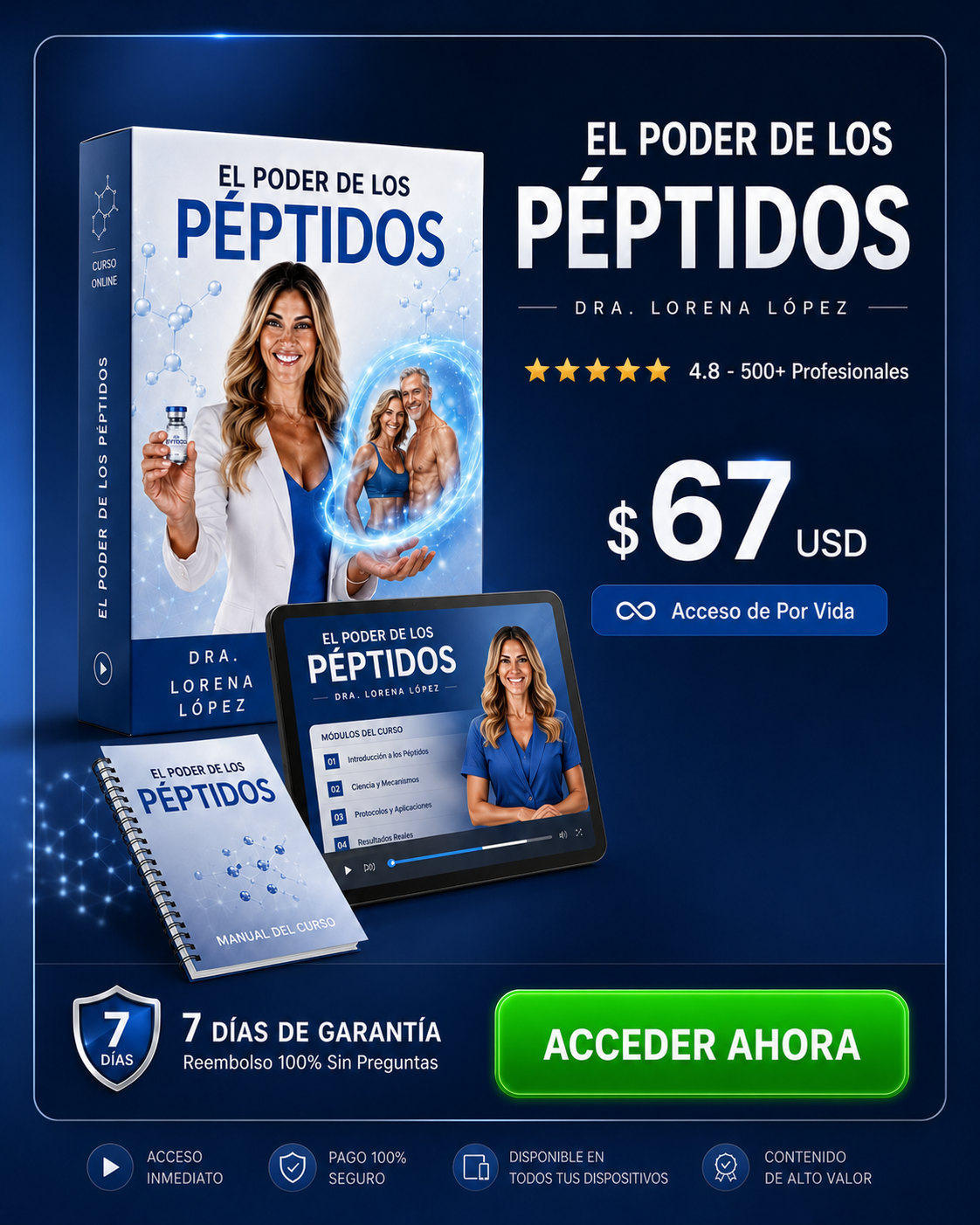 Curso El Poder de los Péptidos: 10 módulos en video, app exclusiva y acceso de por vida por $67 USD