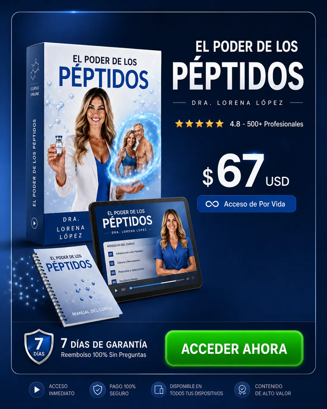 Curso El Poder de los Péptidos: 10 módulos en video, app exclusiva y acceso de por vida por $67 USD