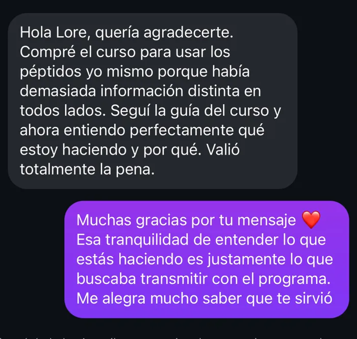 Captura de WhatsApp: un alumno compró el curso para usar los péptidos él mismo y ahora entiende qué hace y por qué